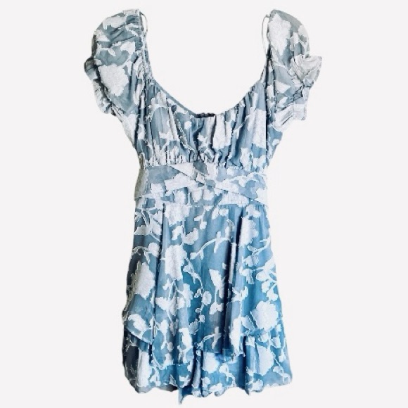 New Thirty Thirty Floral Ruffle Tiered Dress With Skorts Light Slate Blue Size M